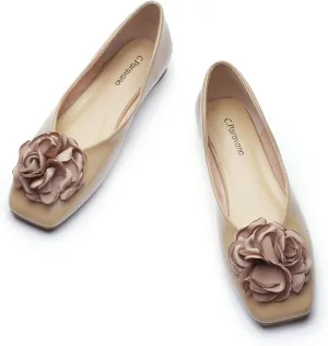 C.Paravano Women's Ballet Flats | Leather Square Toe Flats | Slip-On Flower Dress Shoes for Work, Office, Daily Wear (Size 9.5,Light Coffee)