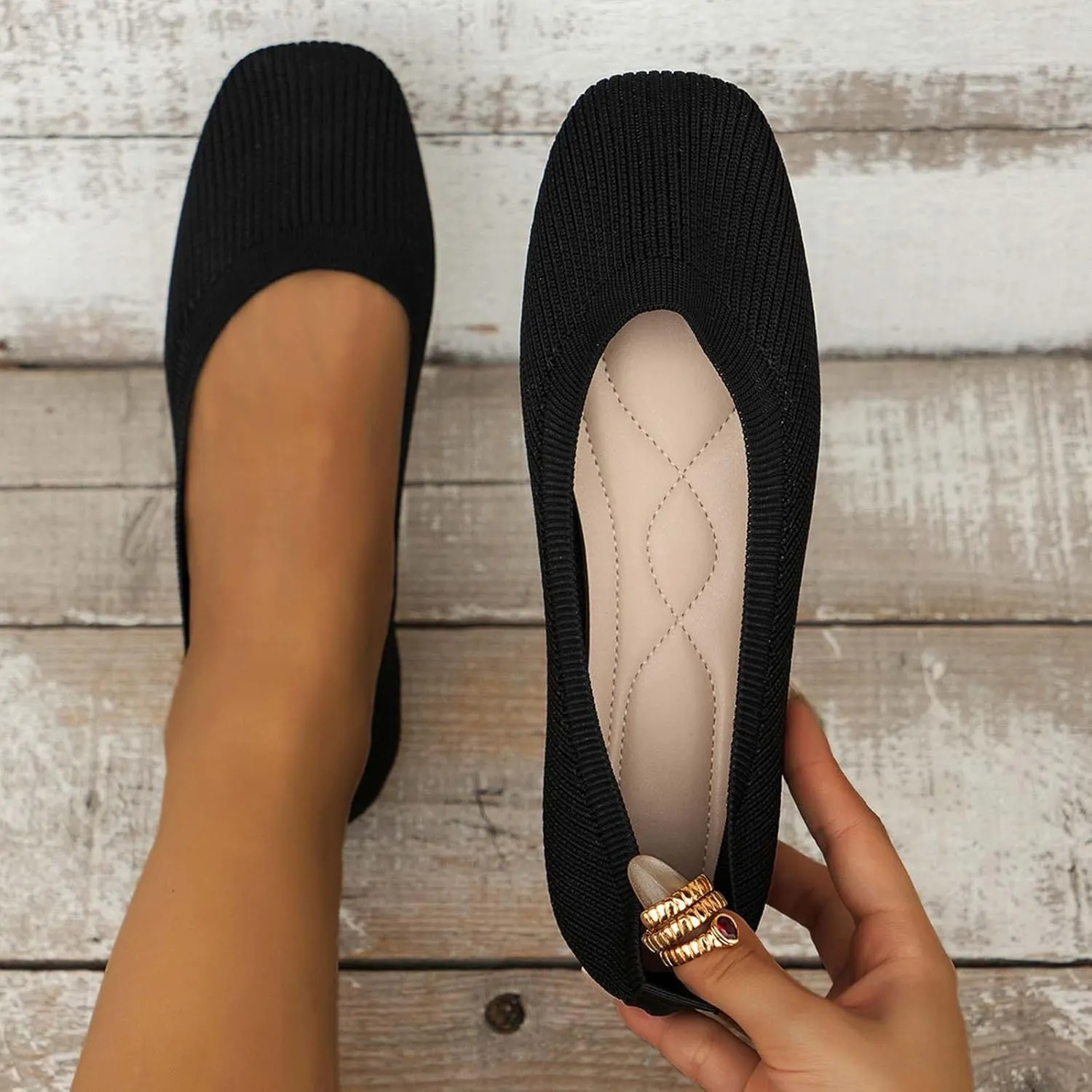 Ladies Fashion Solid Color Breathable Mesh Knitted Square Head Flat Bottom Casual Comfortable Dress Shoes for Women