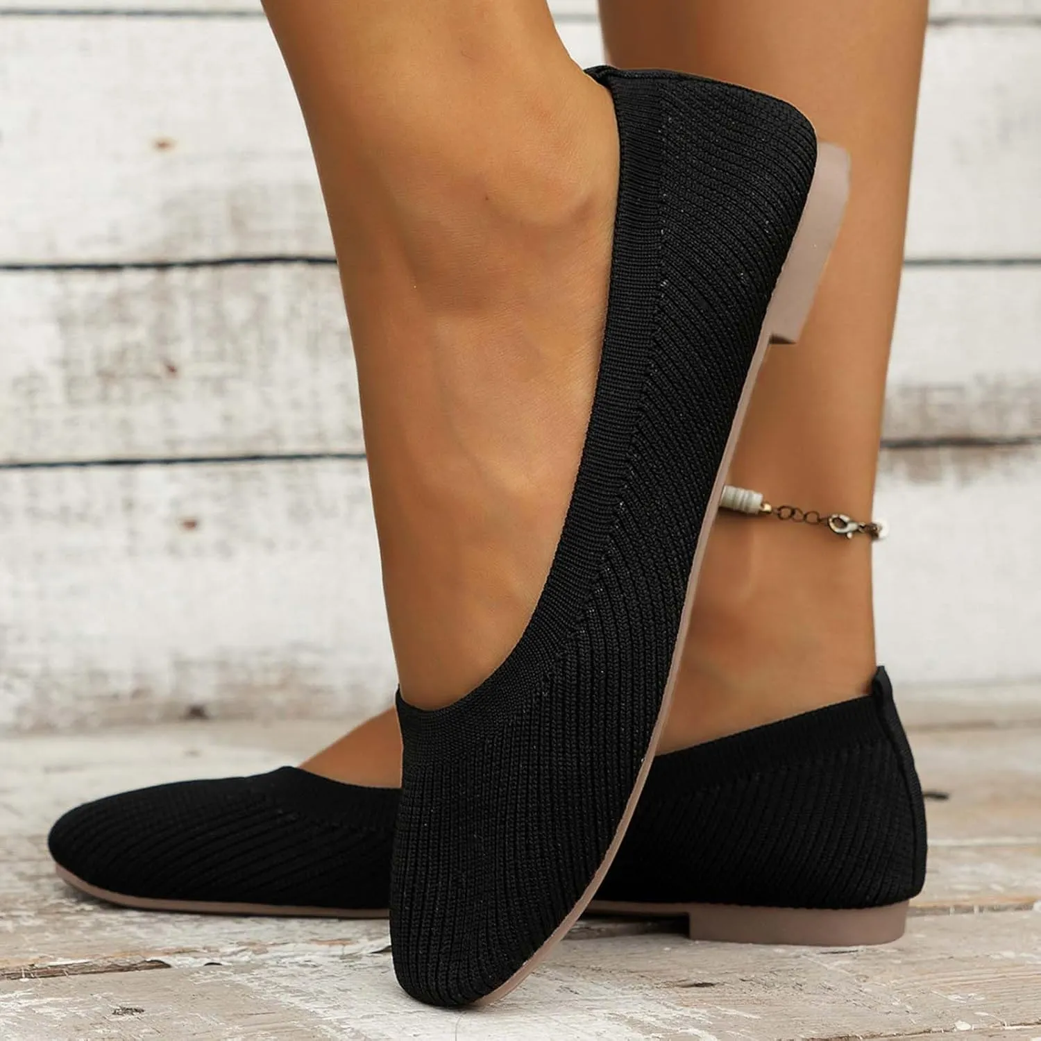 Ladies Fashion Solid Color Breathable Mesh Knitted Square Head Flat Bottom Casual Comfortable Dress Shoes for Women