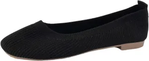 Ladies Fashion Solid Color Breathable Mesh Knitted Square Head Flat Bottom Casual Comfortable Dress Shoes for Women