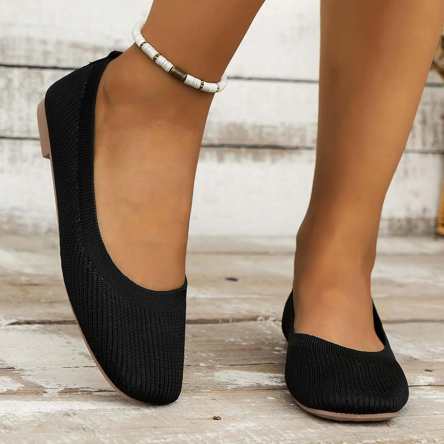 Ladies Fashion Solid Color Breathable Mesh Knitted Square Head Flat Bottom Casual Comfortable Dress Shoes for Women