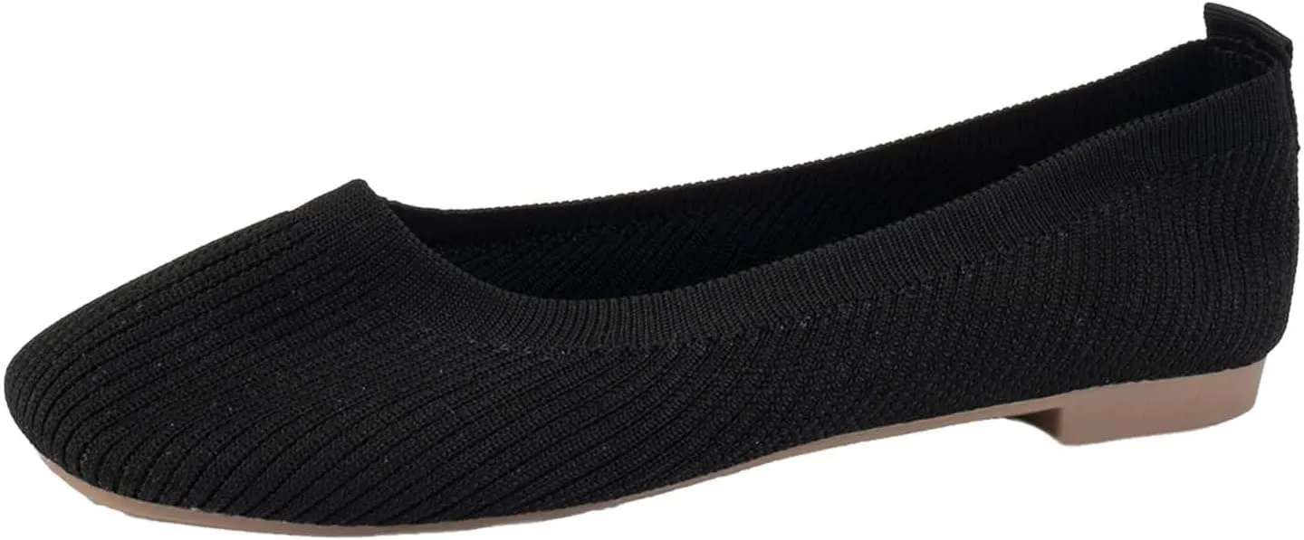 Ladies Fashion Solid Color Breathable Mesh Knitted Square Head Flat Bottom Casual Comfortable Dress Shoes for Women