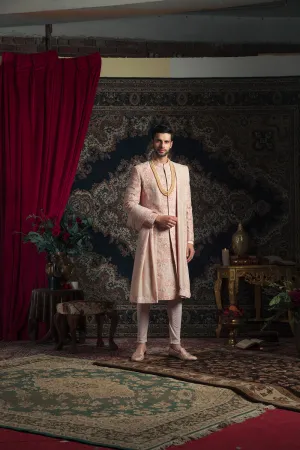 Light Peach Bird Detail Sherwani Set