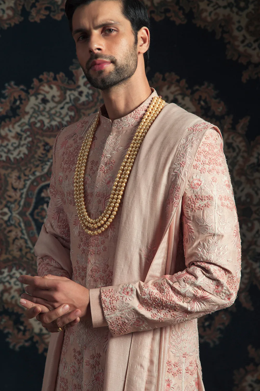 Light Peach Bird Detail Sherwani Set