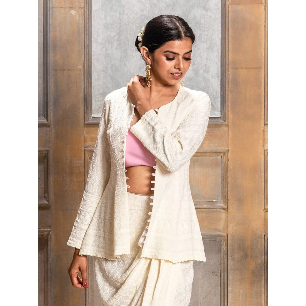 MONK & MEI Aaliyah Embroidered Dhoti Jacket - Cream (Set of 2)