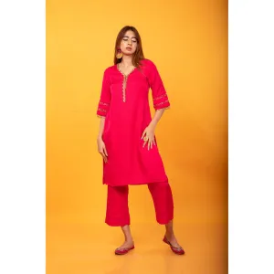 MONK & MEI Gulnaar Lahori Fuchsia Pink Kurta And Pant (Set of 2)