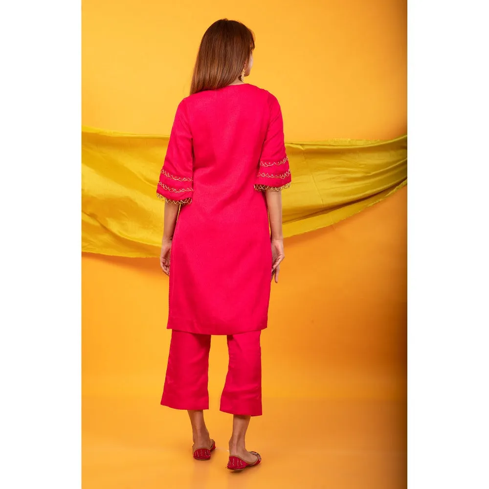 MONK & MEI Gulnaar Lahori Fuchsia Pink Kurta And Pant (Set of 2)