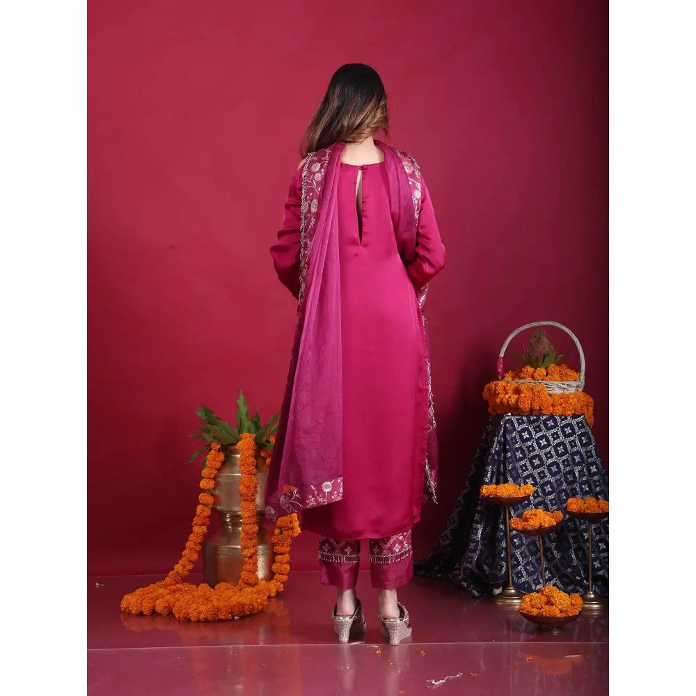 MONK & MEI Isha-Cold-Shoulder Kurta-Plum Magenta (Set of 3)