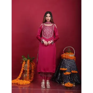 MONK & MEI Isha-Cold-Shoulder Kurta-Plum Magenta (Set of 3)