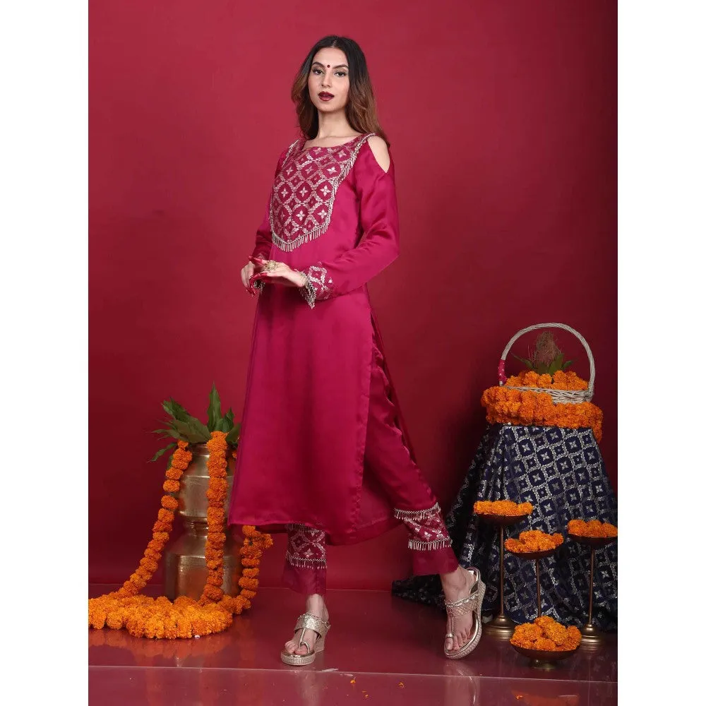 MONK & MEI Isha-Cold-Shoulder Kurta-Plum Magenta (Set of 3)