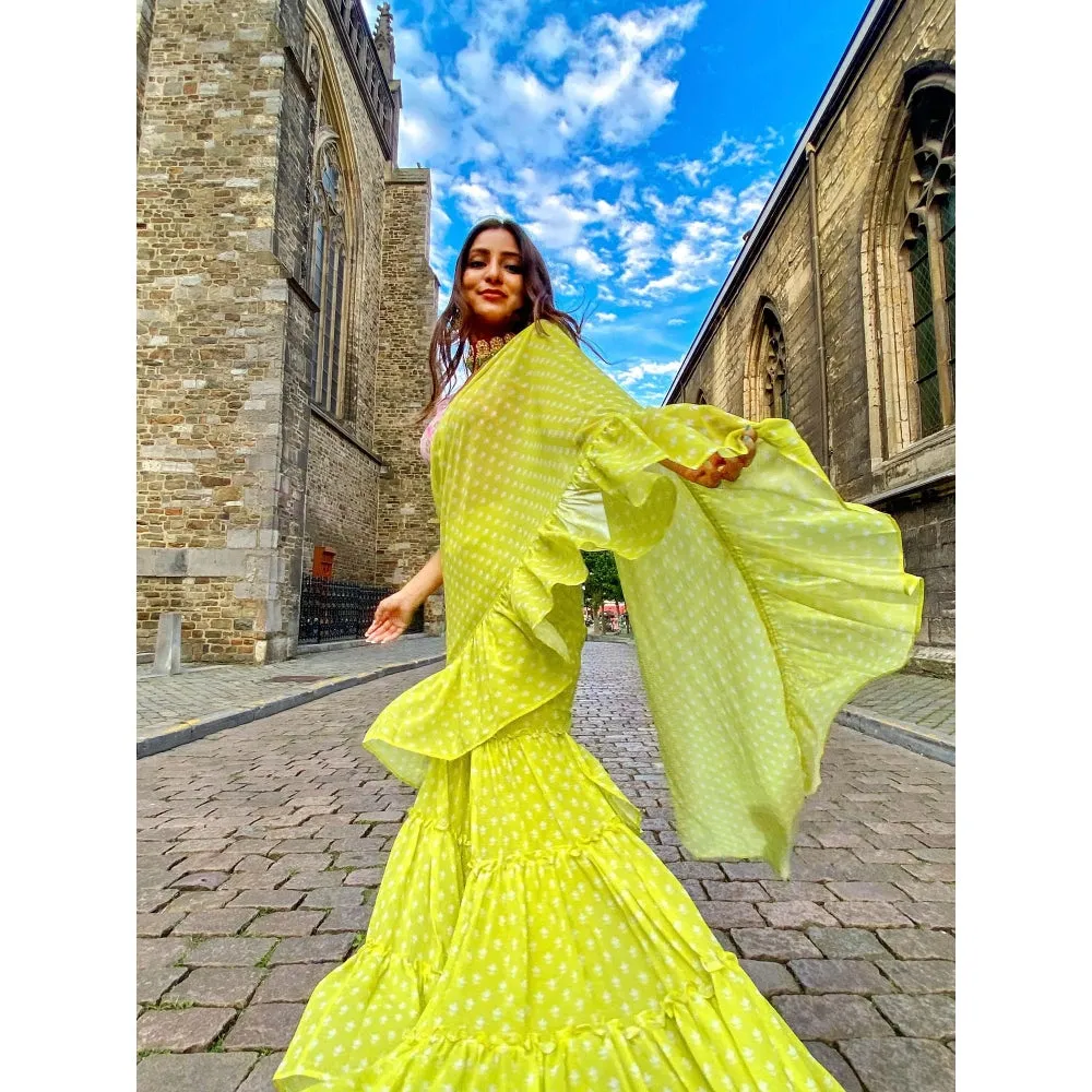 MONK & MEI Issh Green-Sharara Fusion Saree With Stitched Blouse