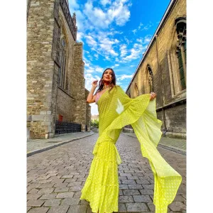 MONK & MEI Issh Green-Sharara Fusion Saree With Stitched Blouse