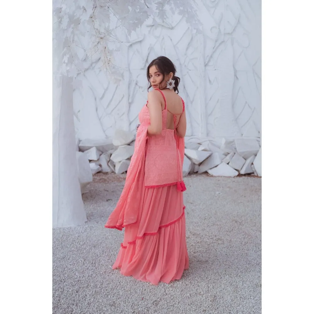 MONK & MEI Sharmila Chikanakari Kurta Peach Melon