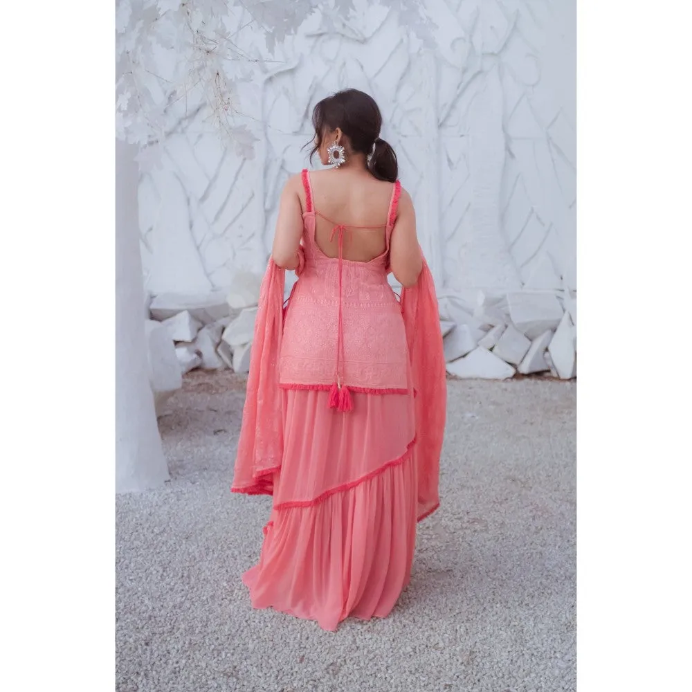 MONK & MEI Sharmila Chikanakari Kurta Peach Melon