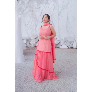 MONK & MEI Sharmila Chikanakari Kurta Peach Melon