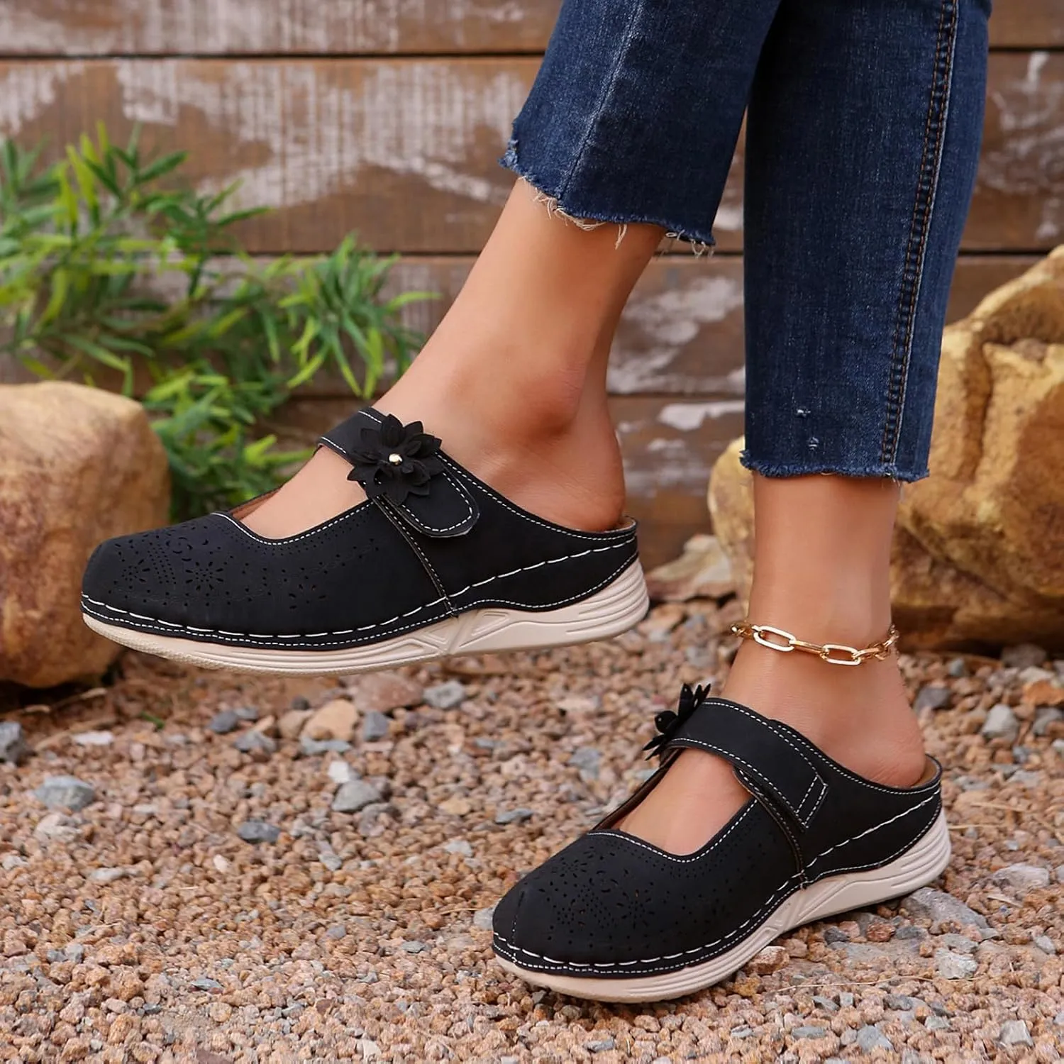 Mules for Women Comfort Closed Toe Sandals Casual Slip On Wedge Sandals Adjustable Hook Loop Low Heel Orthopedic Sandal Round Head Soft Bottom Footwear Breathable Shoes