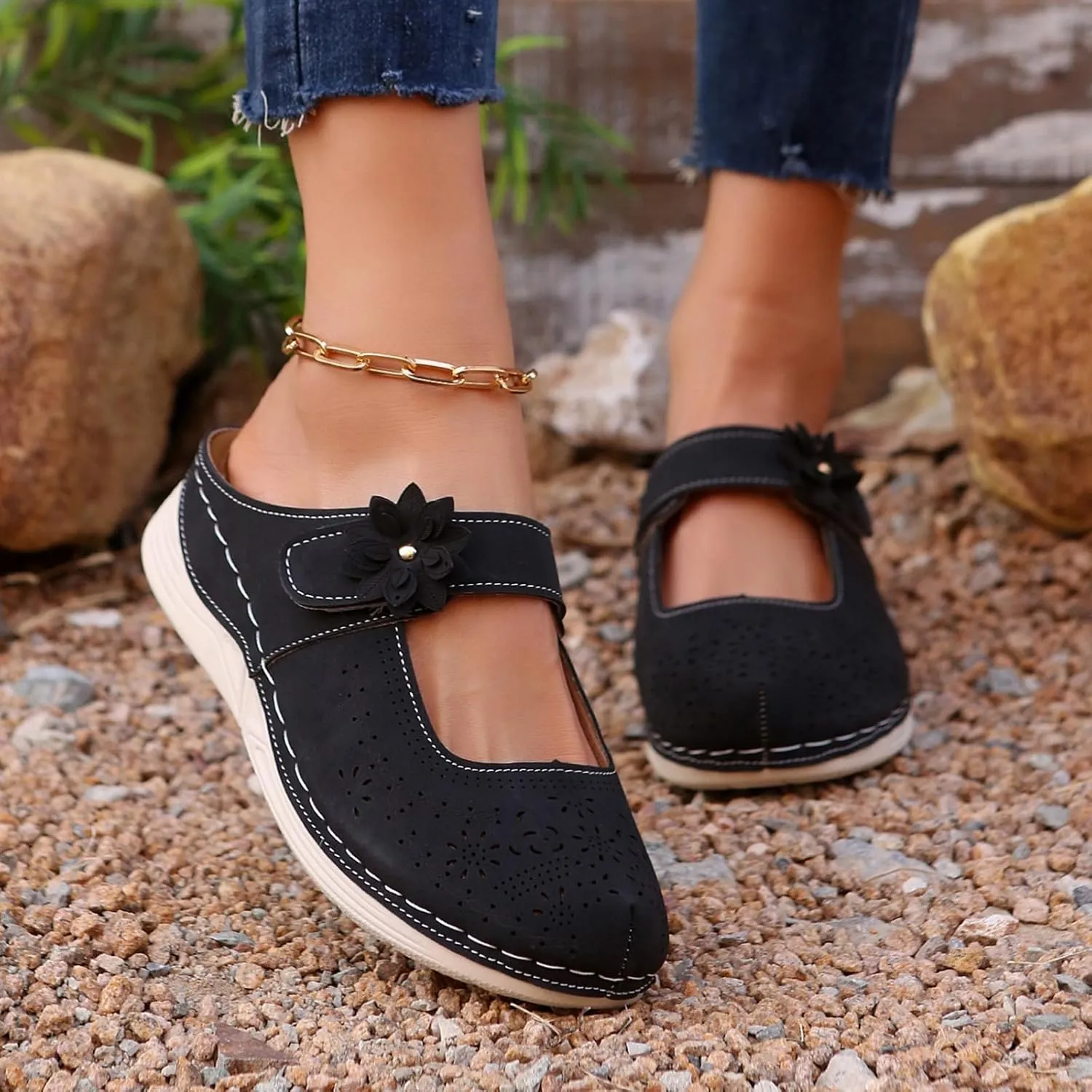 Mules for Women Comfort Closed Toe Sandals Casual Slip On Wedge Sandals Adjustable Hook Loop Low Heel Orthopedic Sandal Round Head Soft Bottom Footwear Breathable Shoes