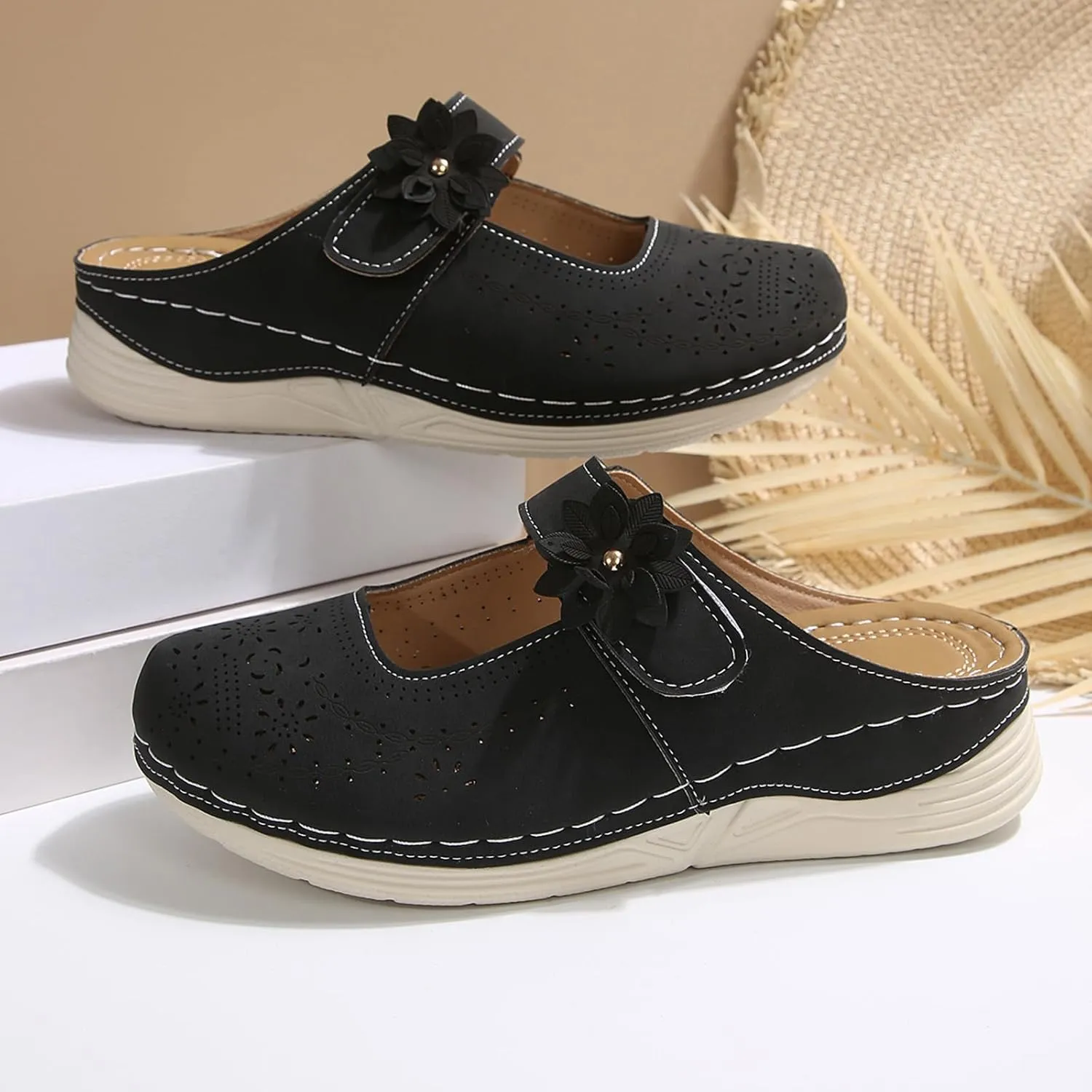Mules for Women Comfort Closed Toe Sandals Casual Slip On Wedge Sandals Adjustable Hook Loop Low Heel Orthopedic Sandal Round Head Soft Bottom Footwear Breathable Shoes