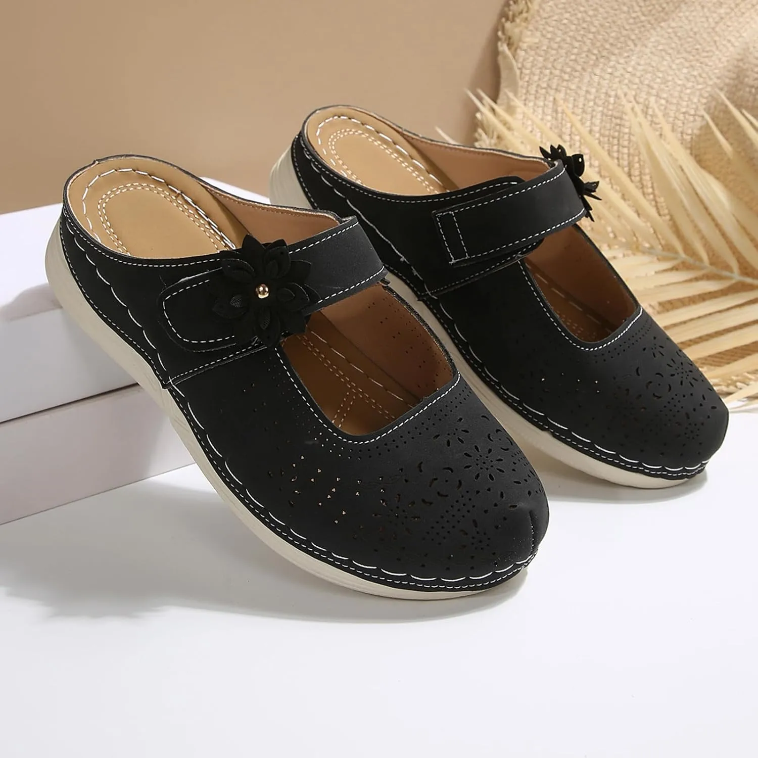 Mules for Women Comfort Closed Toe Sandals Casual Slip On Wedge Sandals Adjustable Hook Loop Low Heel Orthopedic Sandal Round Head Soft Bottom Footwear Breathable Shoes