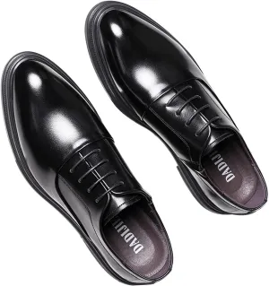 Oxford Shoes for Men Lace Up Round Toe Brogue Embossed Leather Block Heel Anti-Slip Low Top Prom (Color : Black, Size : 7)