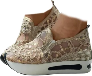 SACFOF Women's Platform Wedge Sneakers Floral Embroidery Breathable Mesh Summer Platform Shoes Hidden Walking Loafers