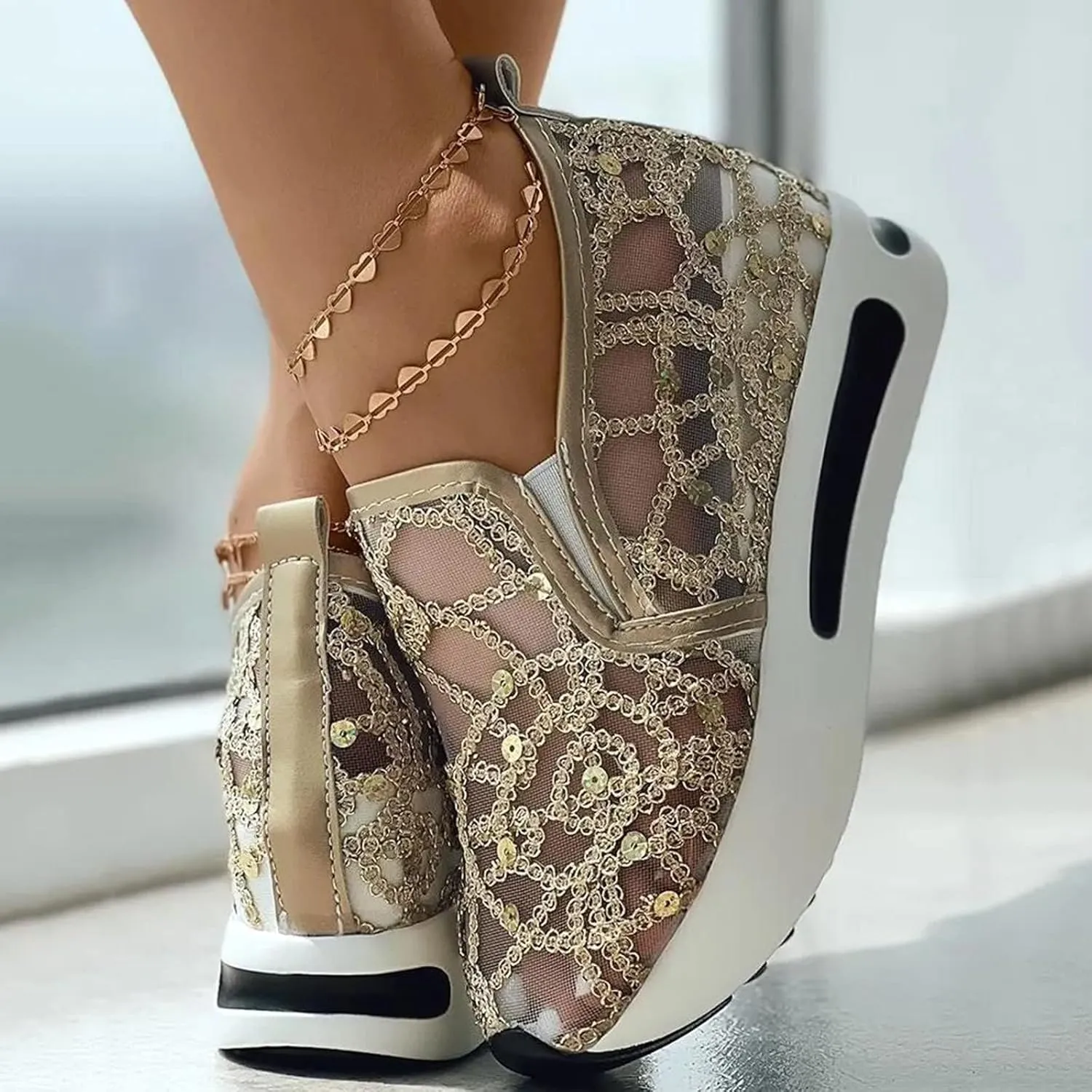 SACFOF Women's Platform Wedge Sneakers Floral Embroidery Breathable Mesh Summer Platform Shoes Hidden Walking Loafers