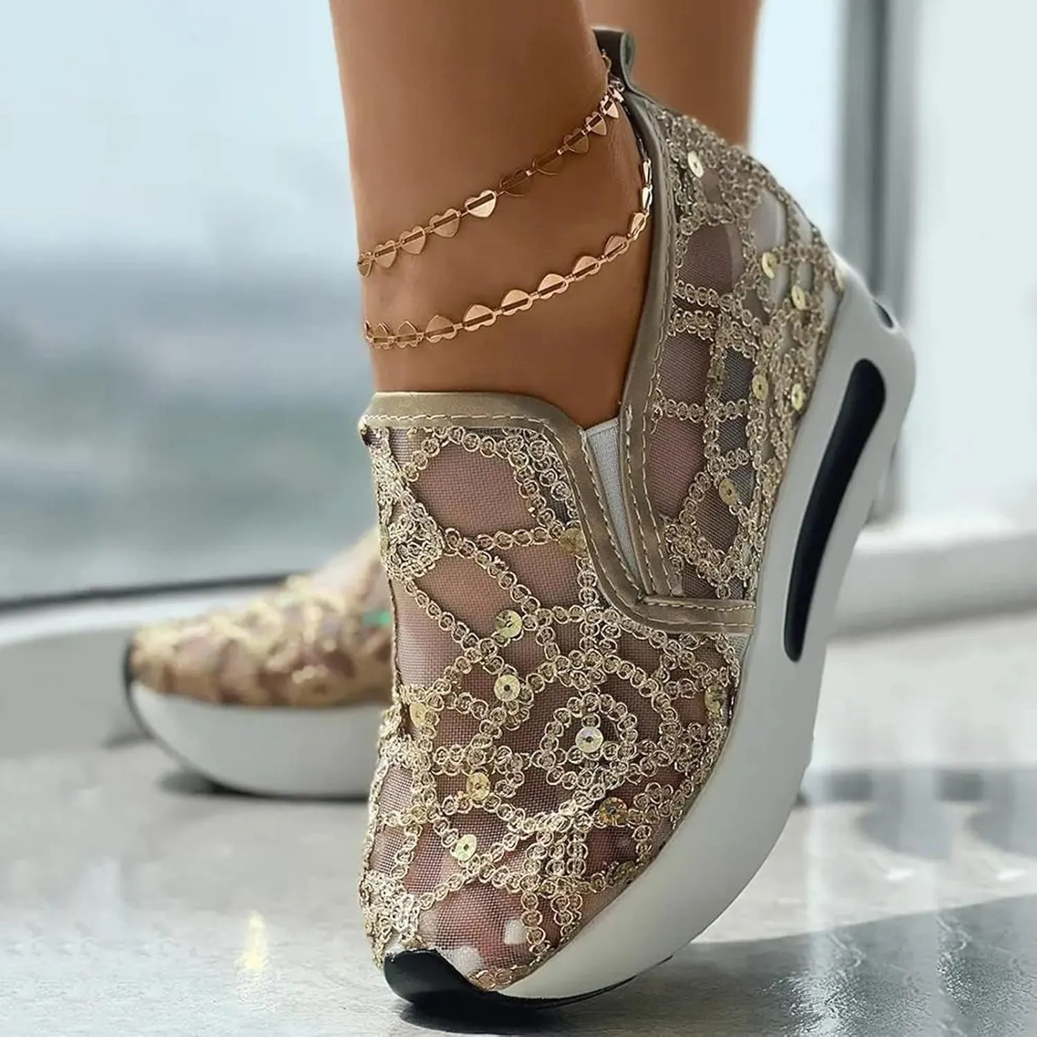 SACFOF Women's Platform Wedge Sneakers Floral Embroidery Breathable Mesh Summer Platform Shoes Hidden Walking Loafers