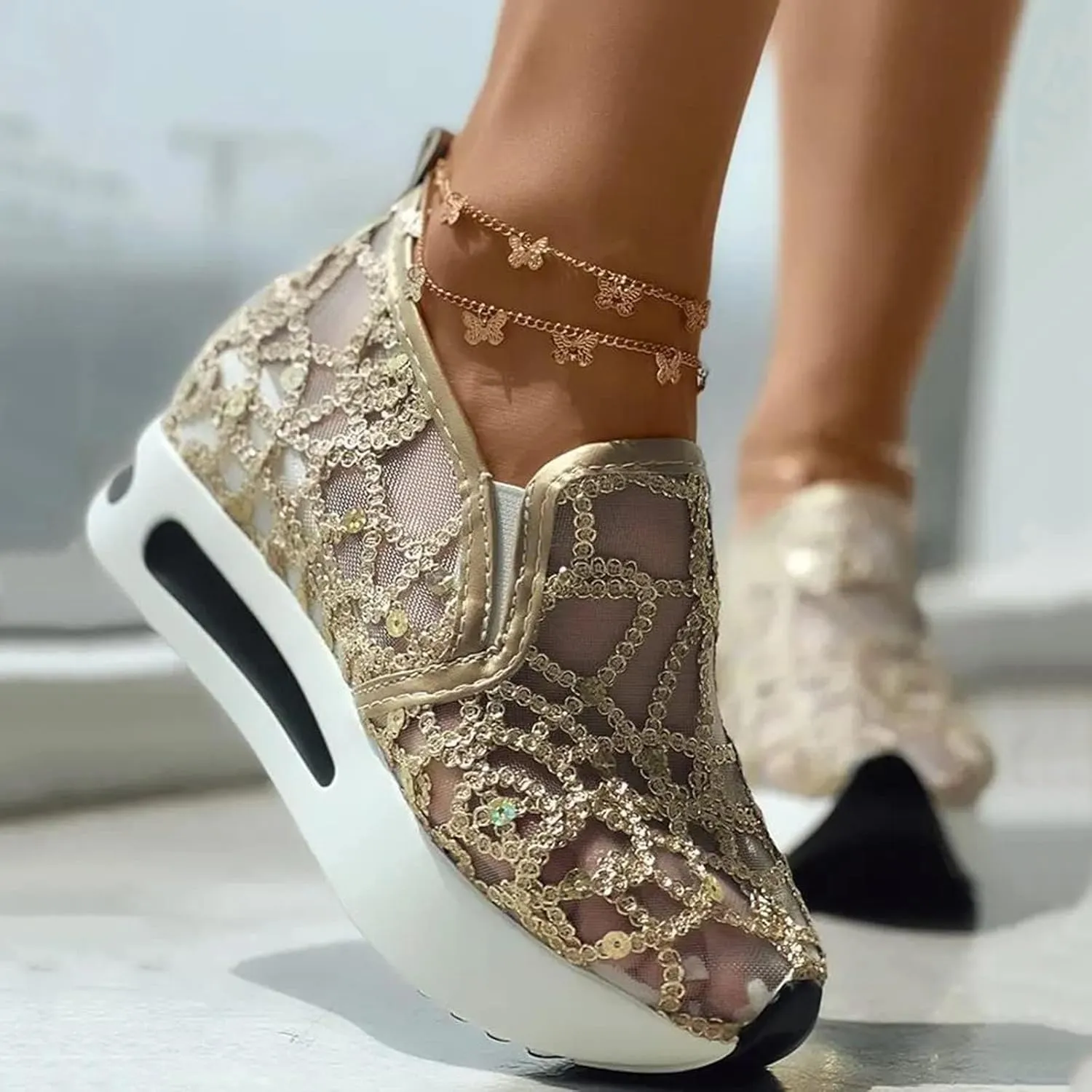 SACFOF Women's Platform Wedge Sneakers Floral Embroidery Breathable Mesh Summer Platform Shoes Hidden Walking Loafers