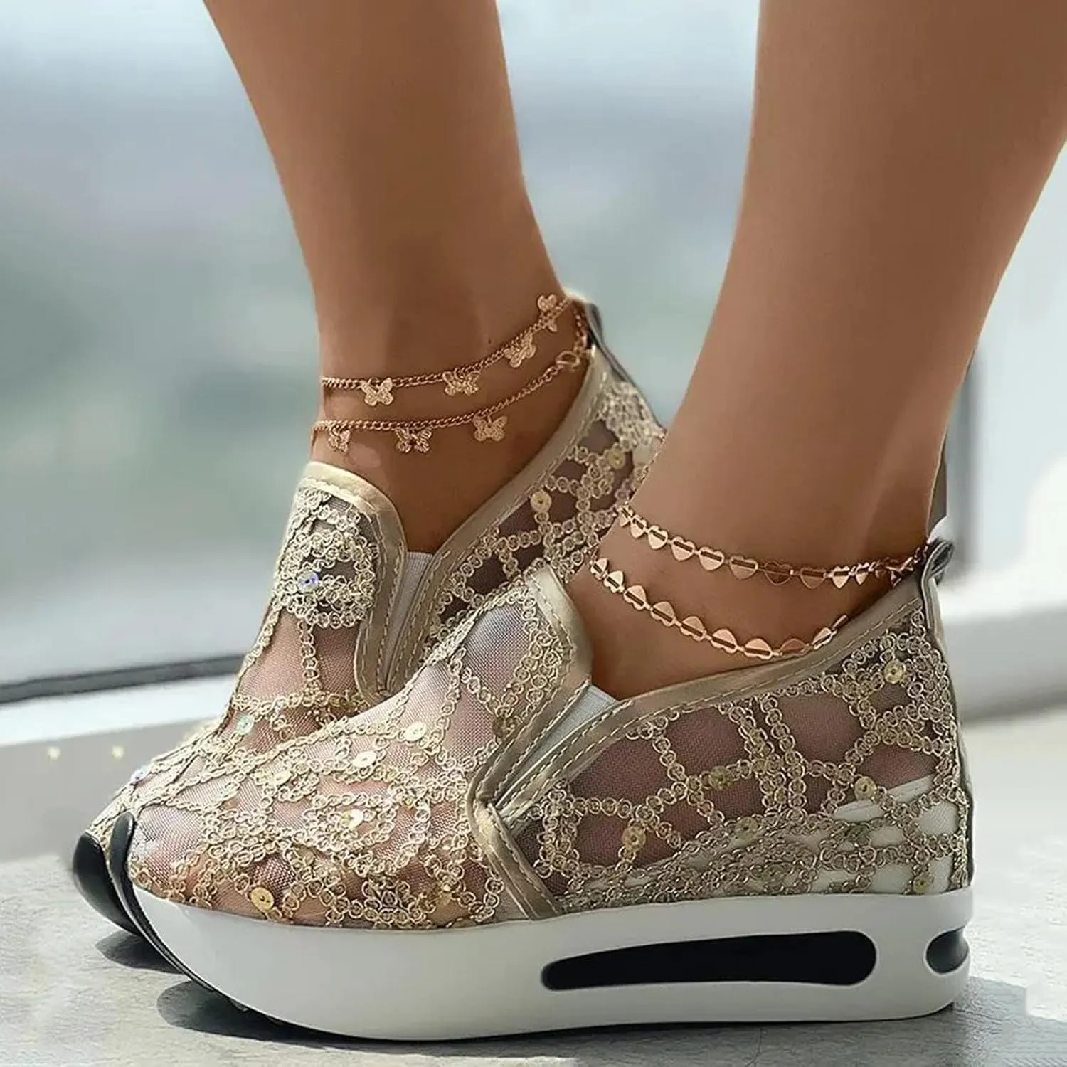 SACFOF Women's Platform Wedge Sneakers Floral Embroidery Breathable Mesh Summer Platform Shoes Hidden Walking Loafers