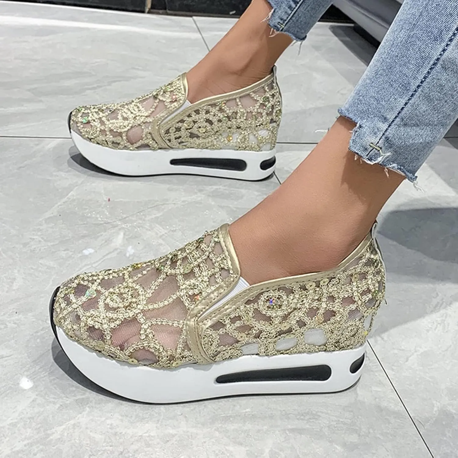 SACFOF Women's Platform Wedge Sneakers Floral Embroidery Breathable Mesh Summer Platform Shoes Hidden Walking Loafers
