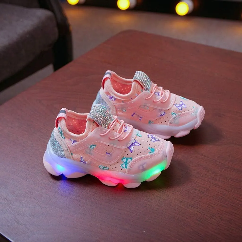 Shoes for Boys Children Kid Baby Girls LED Light Sneaker Butterfly Crystal Running Walking Sport Shoes 1-6 Years