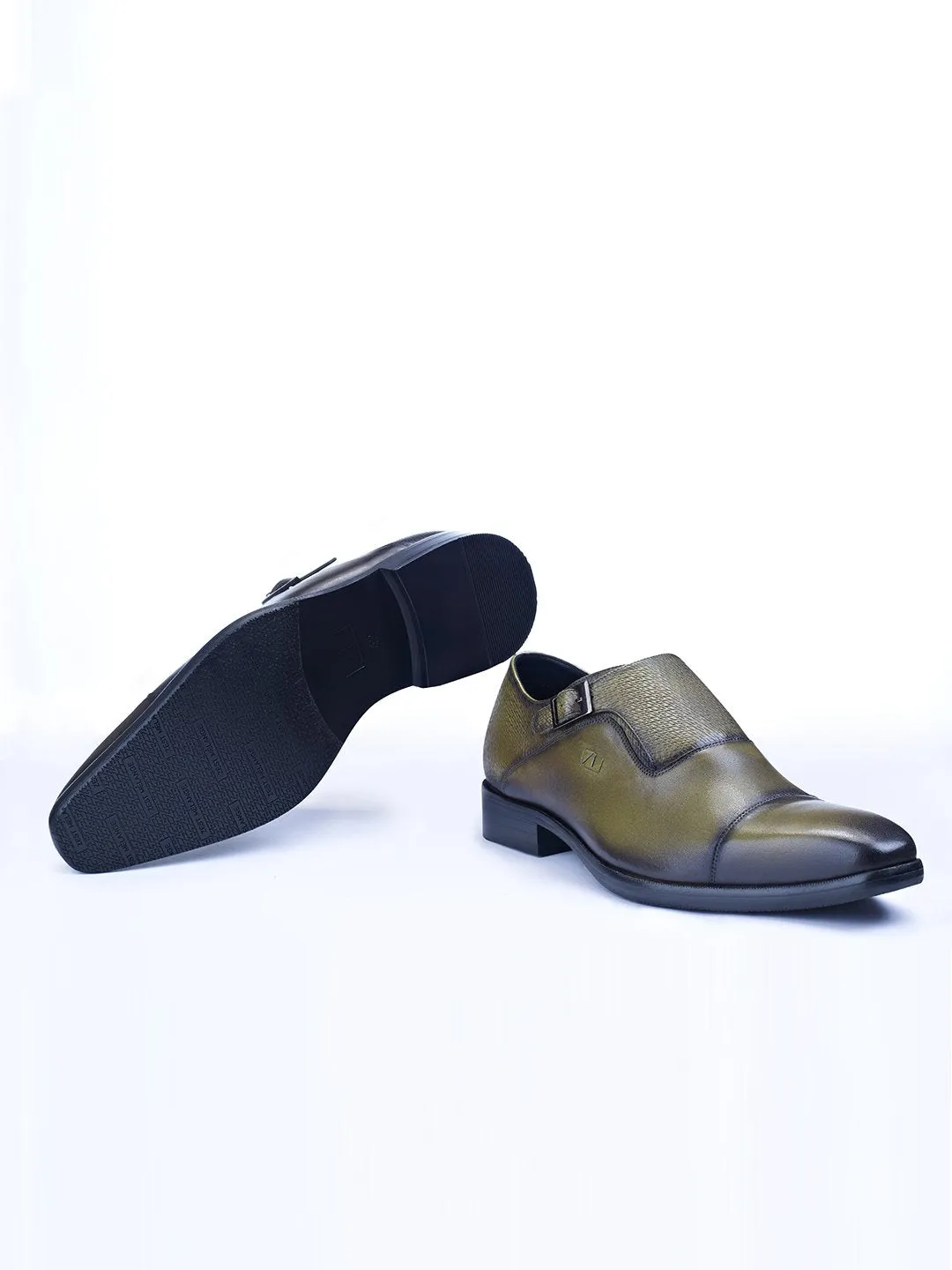 Single Buckle Monk Shoes With Zm Embossed Detail (Olive)