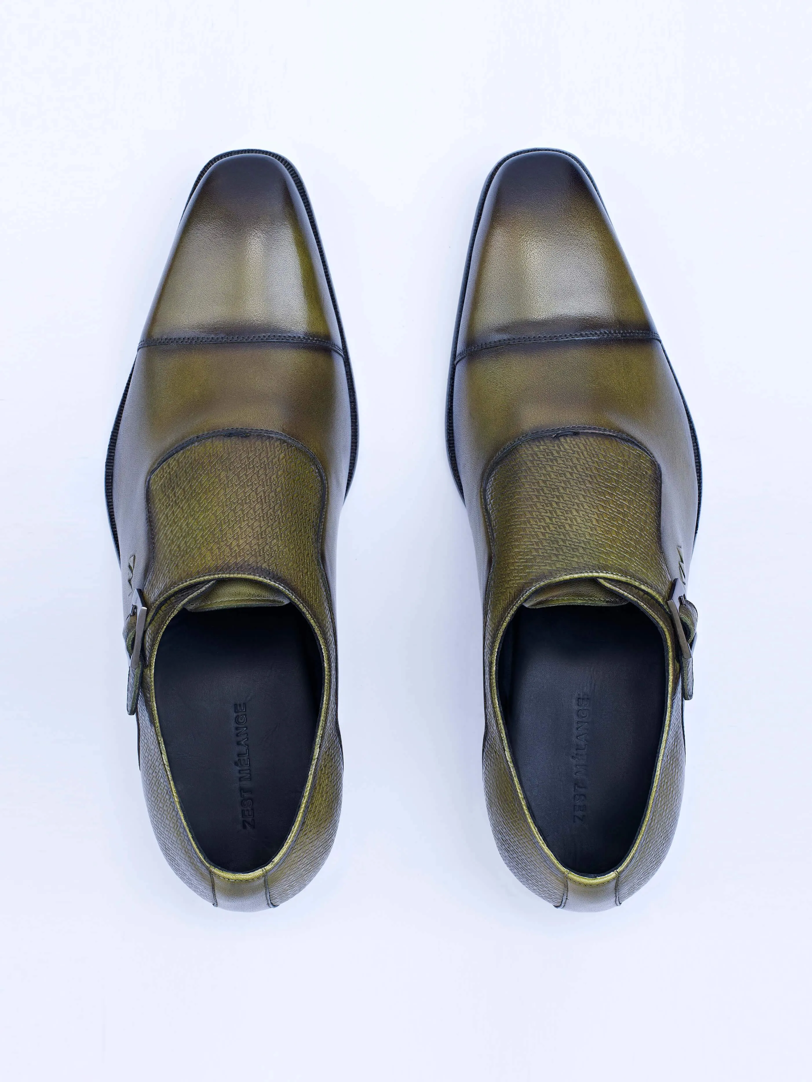 Single Buckle Monk Shoes With Zm Embossed Detail (Olive)