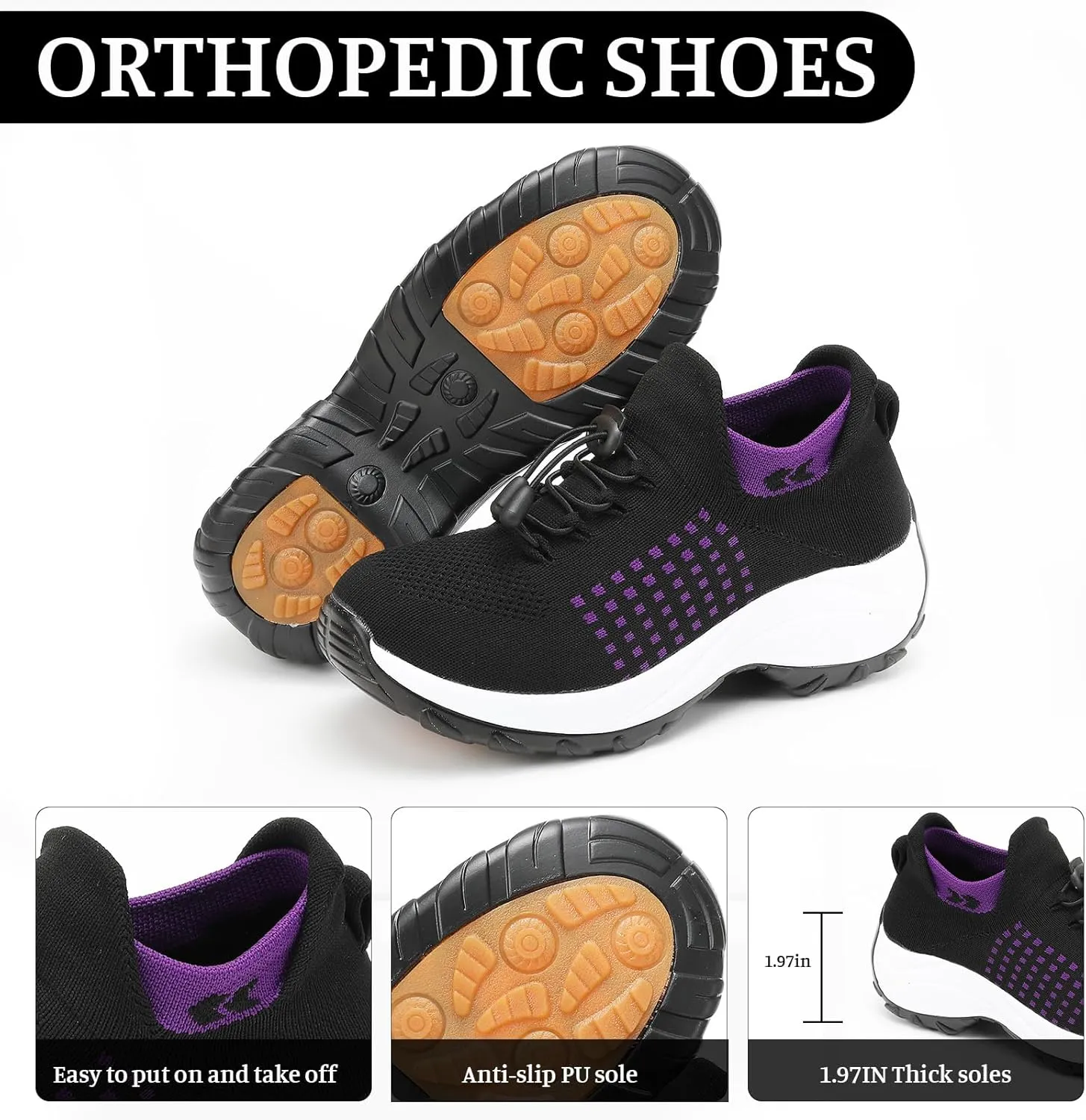 Women Orthopedic Sneakers Slip On for Walking, Breathable Comfortable, Thick Bottom Air Cushion, Non Slip for Gym, Casual Ladies Athletic Shoe