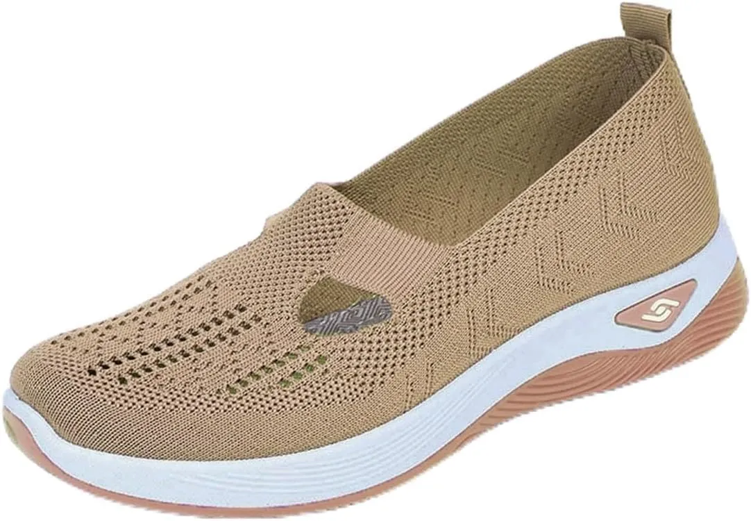 Women's Comfortable Breathable Knitted Sneakers, Anti-Skid Woven Orthopedic Breathable Soft Shoes Arch Support(Khaki,9)