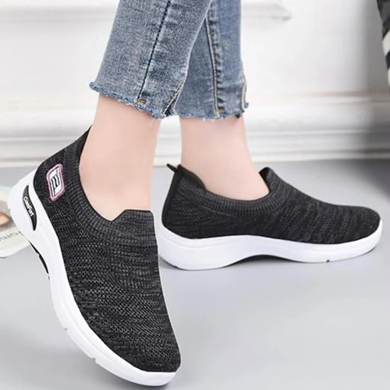 Women's Orthopedic Sneakers Breathable with Arch Support Slip on Mesh Knitted Flying Woven Low Top Work Walking Shoes Lightweight Wide Width Soft Sole Arch Support Non-Slip Casual Shoes